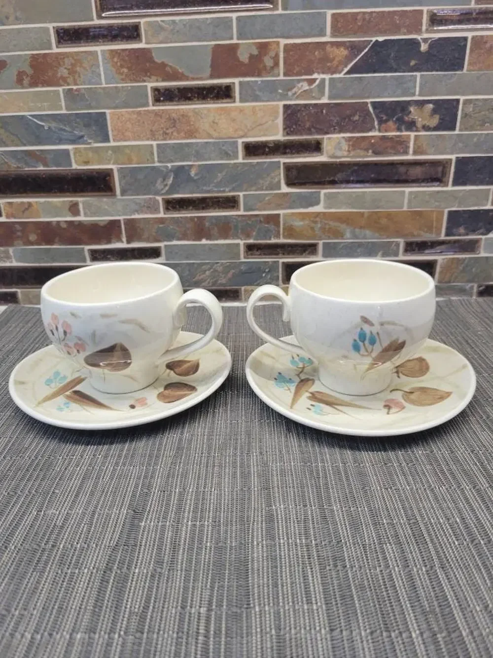 2 Vintage Red Wing Pottery Random Harvest Cup Saucer Sets Mid Century Futura